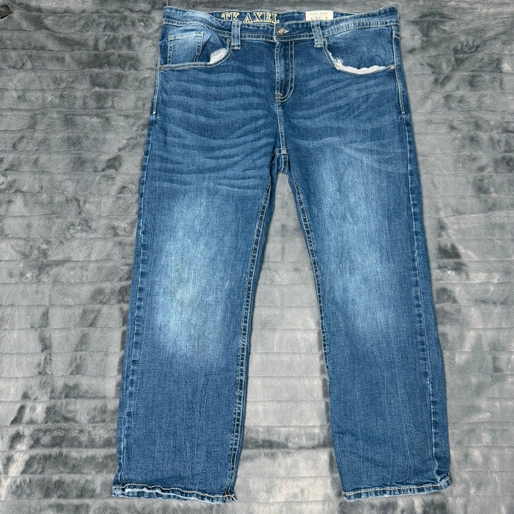 TK Axel Slim Bootcut Jeans Mens 40x30 Blue Medium Wash Whiskered Stretch Denim